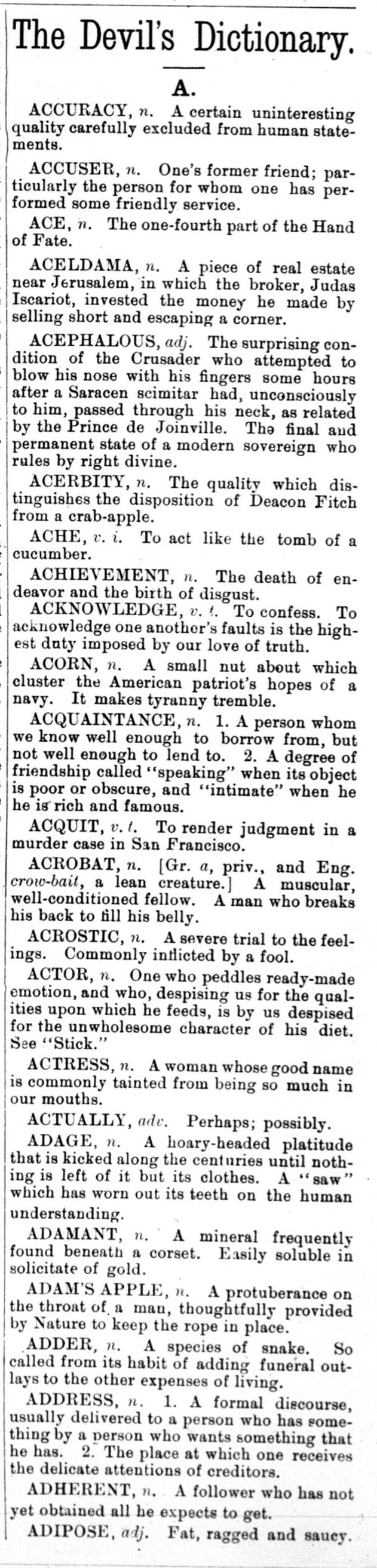 A newspaper column headed The Devil's Dictionary