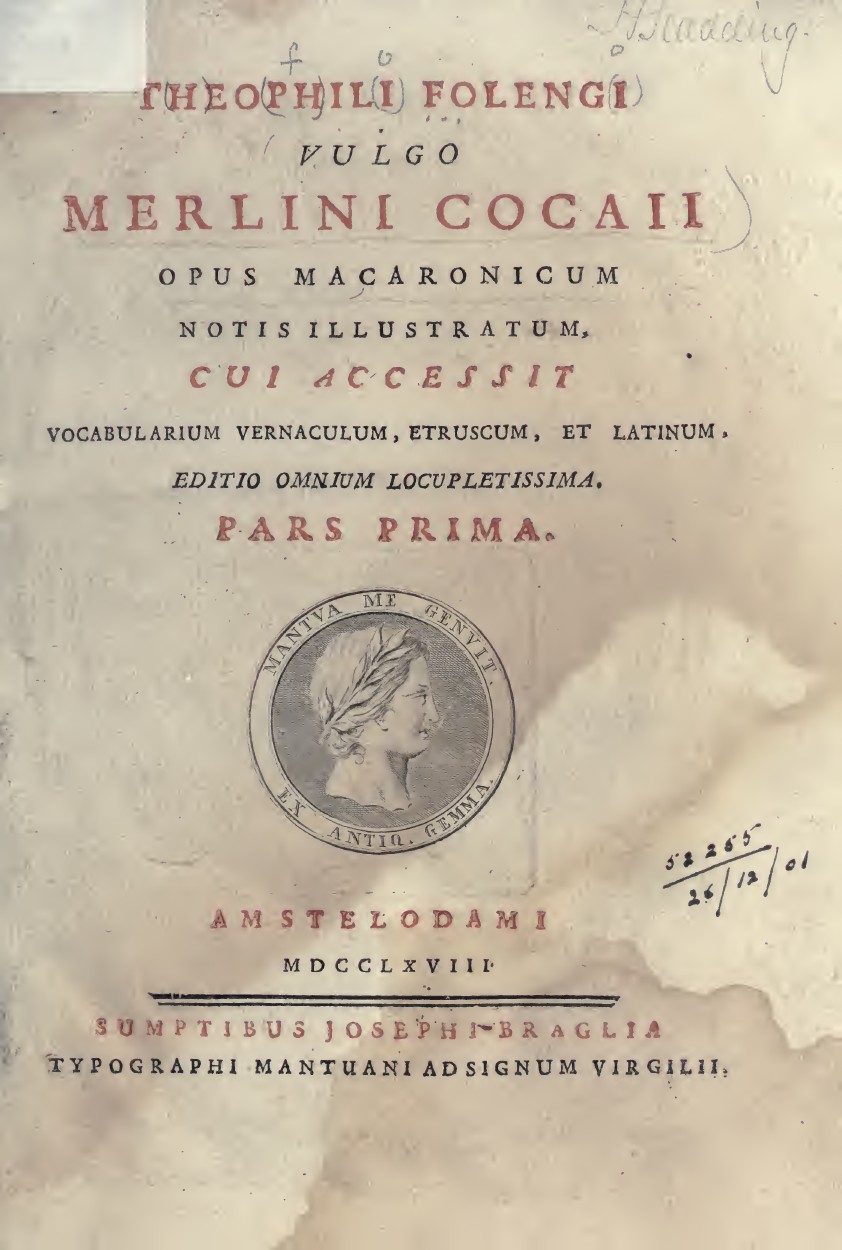 Title page from an eighteenth-century edition of Folengo’s Maccheronee