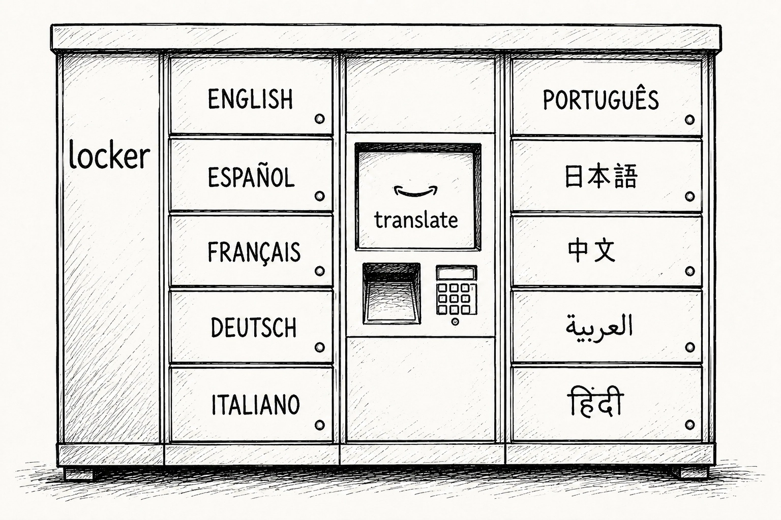 A multilingual Amazon Translate locker with separate drawers for each language